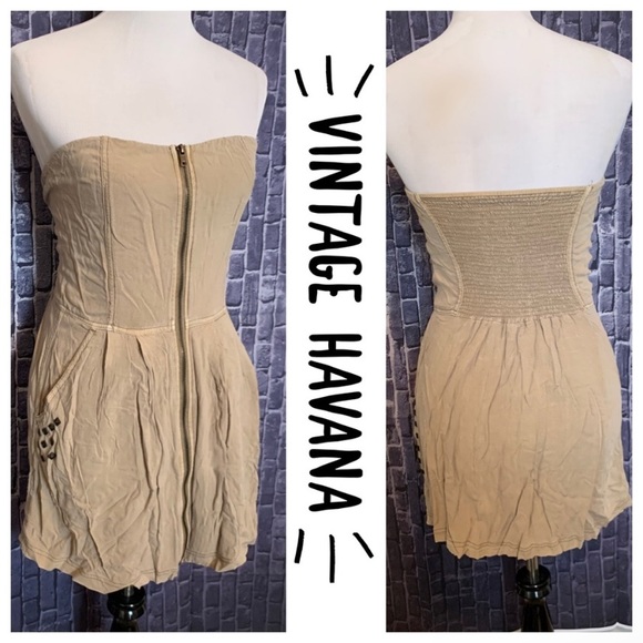 Vintage Havana Dresses & Skirts - Studded Khaki Zip-Front Strapless Dress